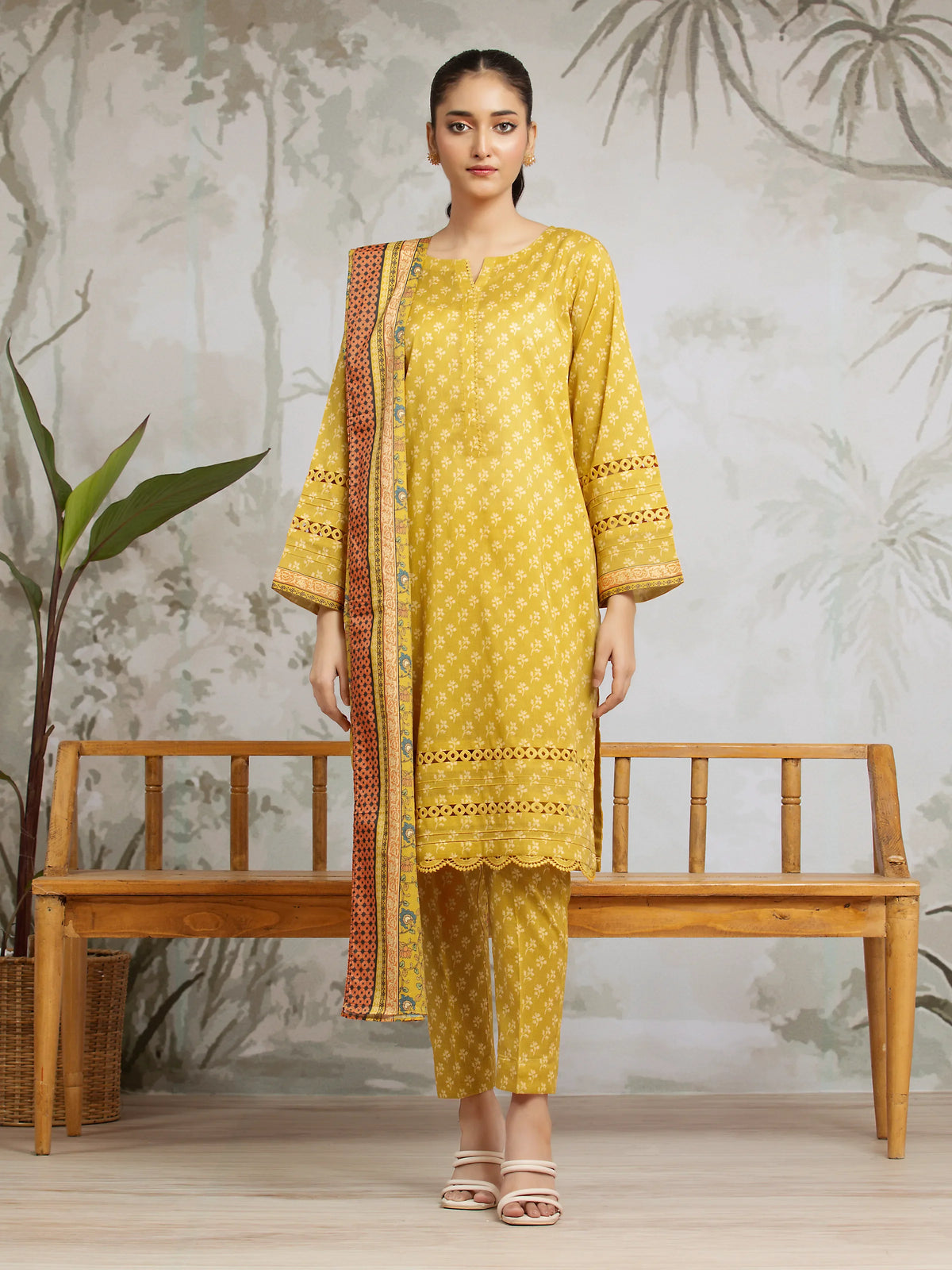 EDENROBE-29586-Unstitched Mustard Printed Khaddar 3 Piece