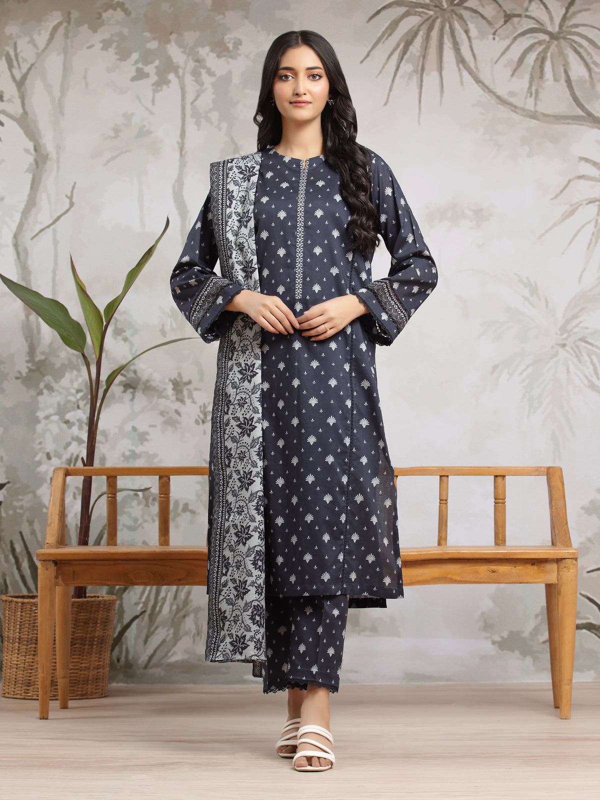 EDENROBE-29595-Unstitched Dark Navy Printed Khaddar 3 Piece