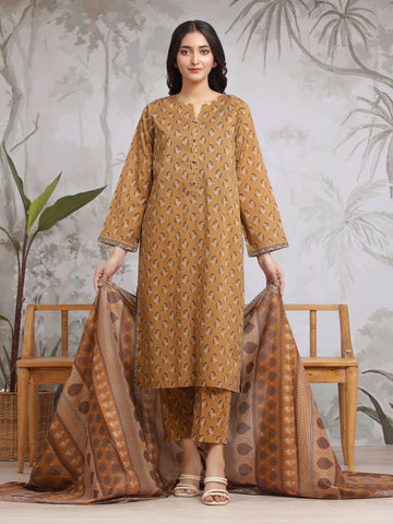 EDENROBE-29598-Unstitched Brown Printed Khaddar 3 Piece -