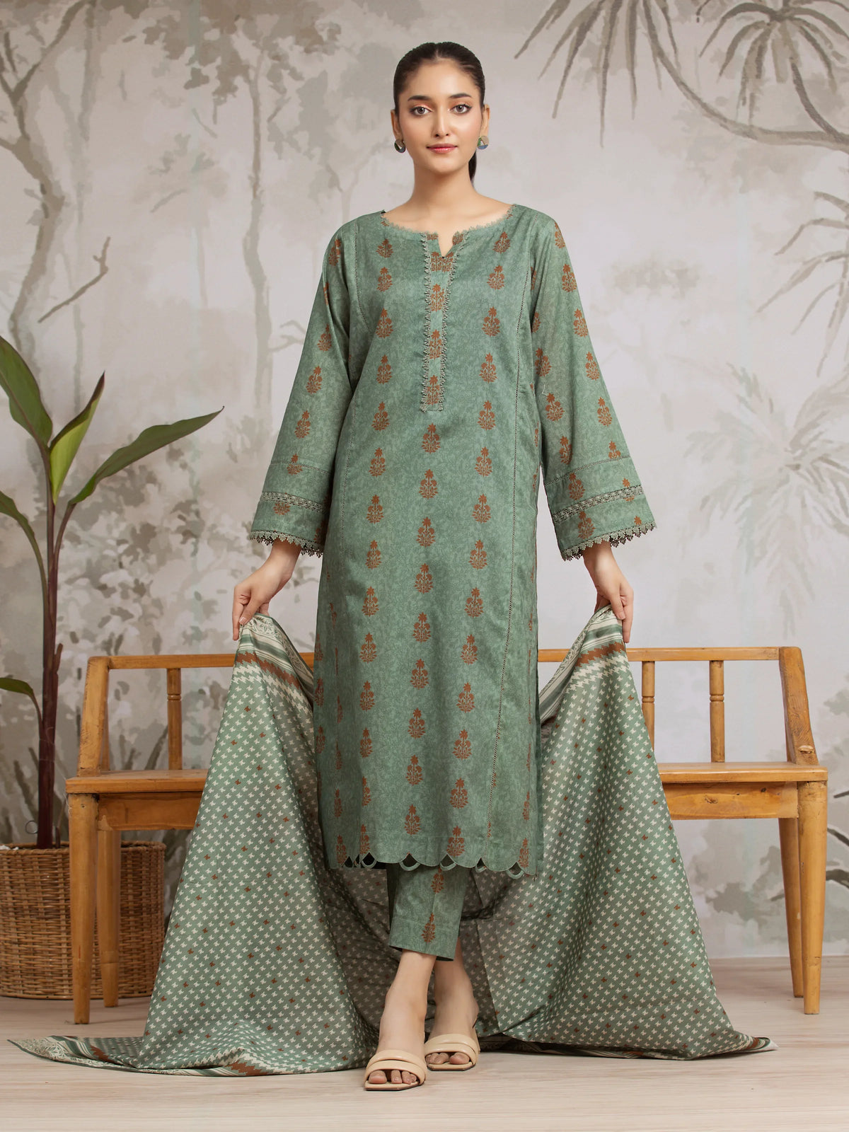 EDENROBE-29600-Unstitched Teal Green Printed Khaddar 3 Piece