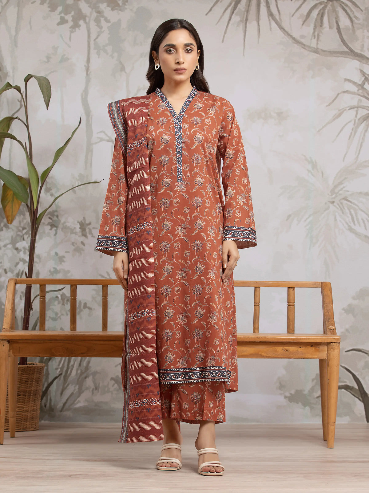 EDENROBE-29619-Unstitched Rust Printed Khaddar 3 Piece