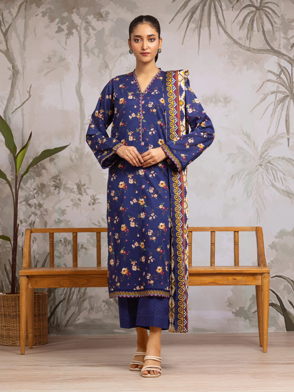 EDENROBE-29621-Unstitched Blue Printed Khaddar 3 Piece