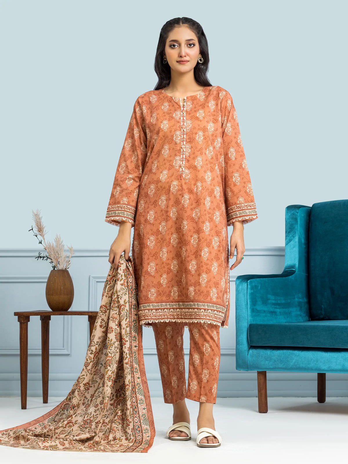 EDENROBE-29644-Unstitched Dark Peach Printed Khaddar 3 Piece