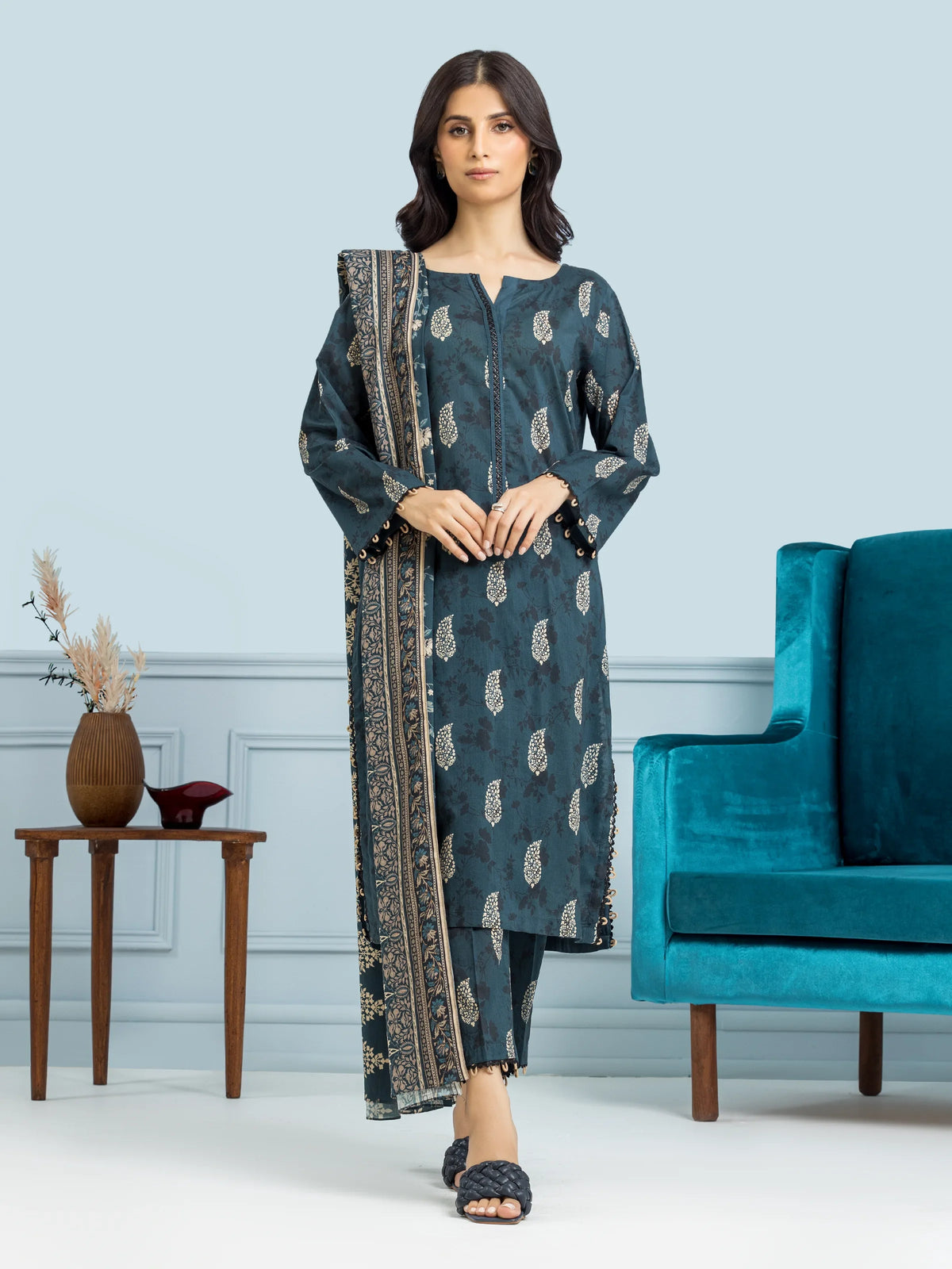 EDENROBE-29649-Unstitched Dark Teal Printed Khaddar 3 Piece