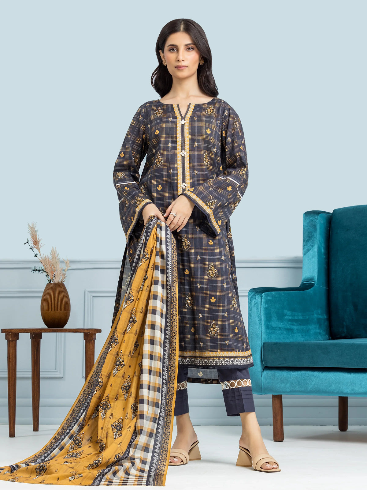 EDENROBE-29654-Unstitched Navy Blue Printed Khaddar 3 Piece