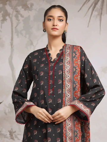 EDENROBE-29802-Unstitched Charcoal Printed Khaddar 3 Piece