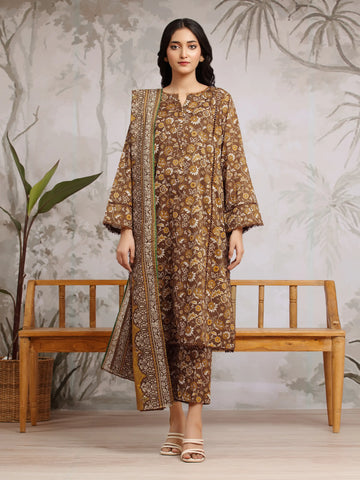 EDENROBE-29804-Unstitched Brown Printed Khaddar 3 Piece