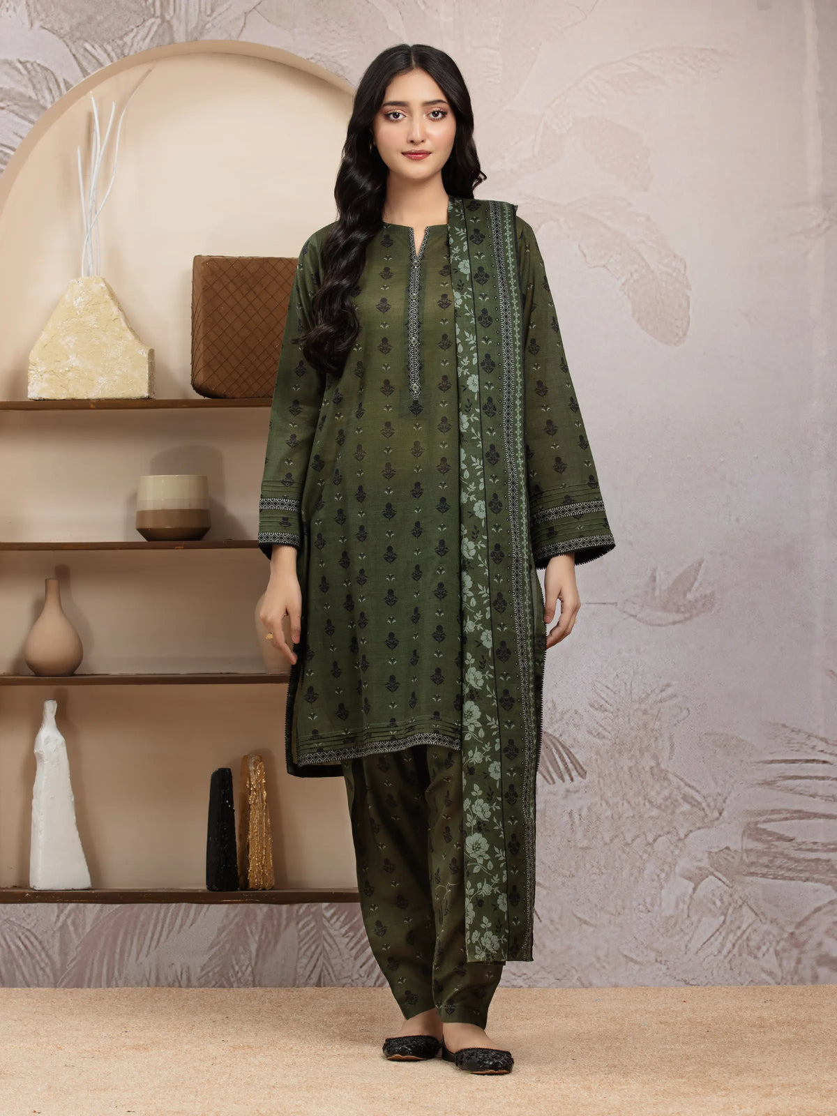 EDENROBE-29833-Unstitched Dark Green Printed Khaddar 3 Piece -