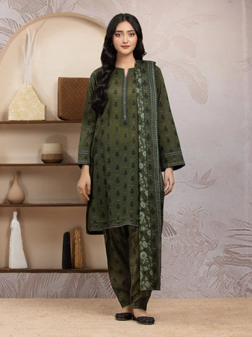 EDENROBE-29833-Unstitched Dark Green Printed Khaddar 3 Piece -
