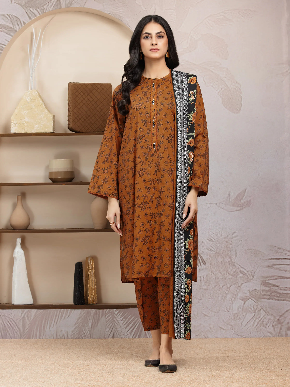 EDENROBE-29834-Unstitched Rust Printed Khaddar 3 Piece -