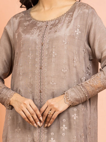 EDENROBE-30016-Unstitched Light Brown Embroidered Marina Twill 3 Piece
