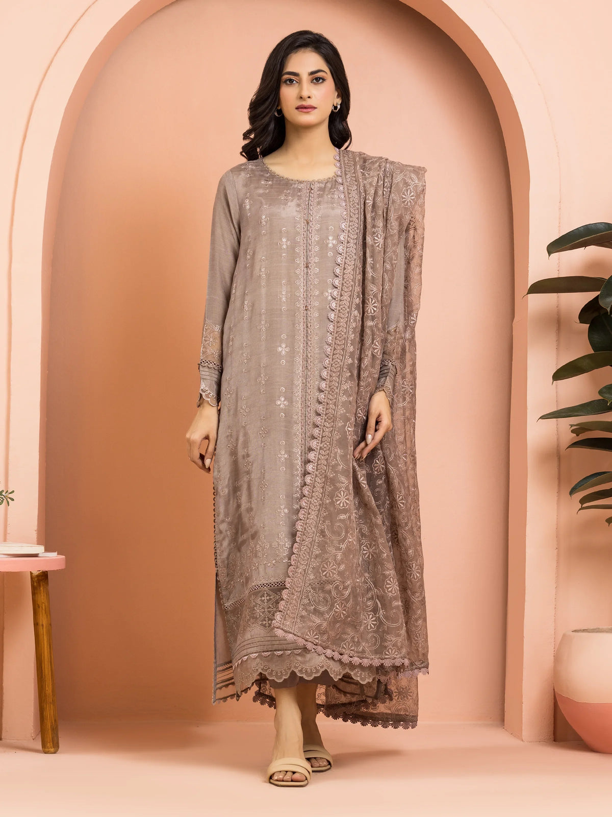 EDENROBE-30016-Unstitched Light Brown Embroidered Marina Twill 3 Piece