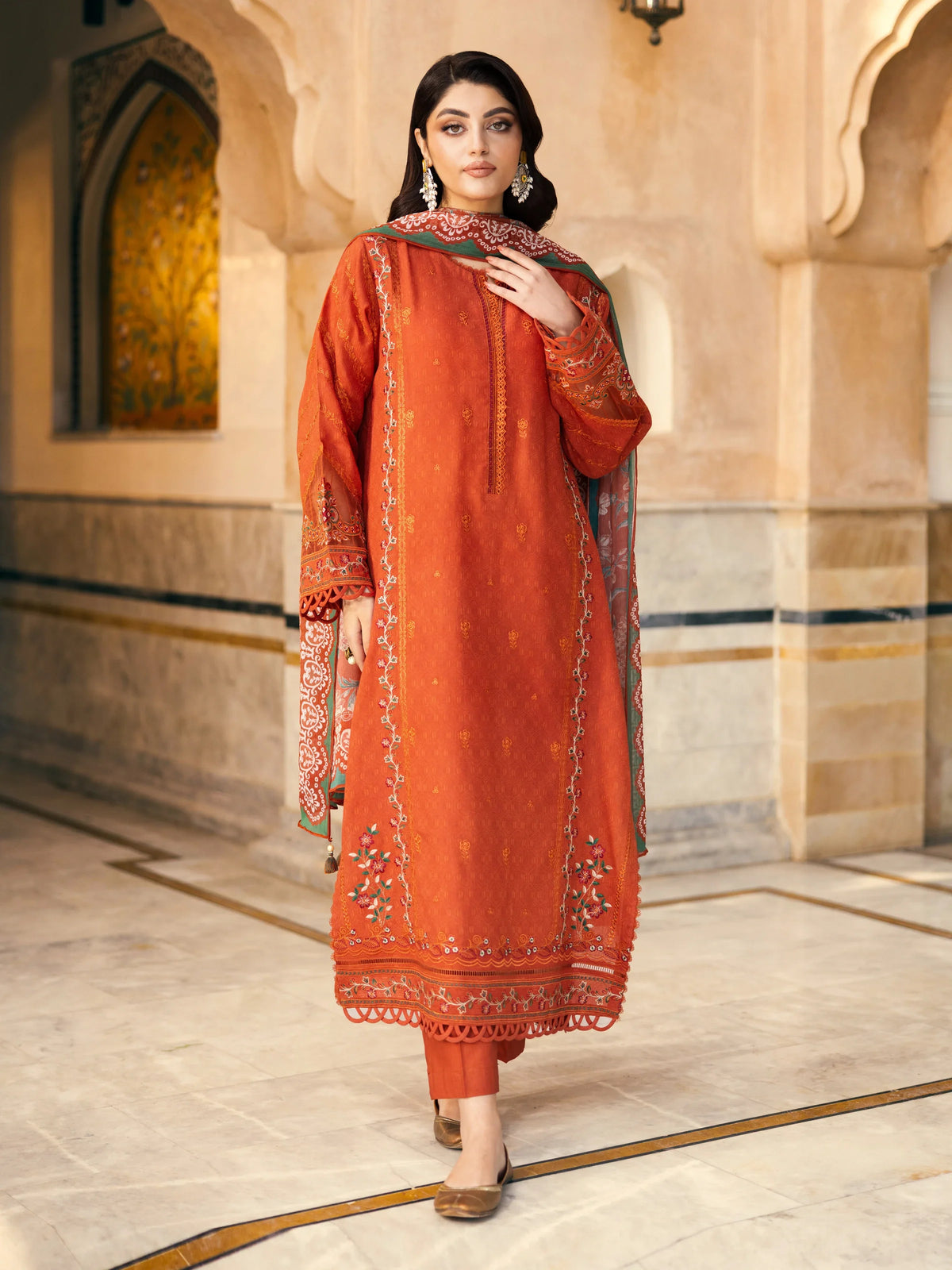 EDENROBE-30269-Unstitched Rust Embroidered Dobby 3 Piece