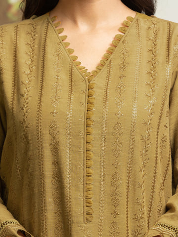 EDENROBE-30302-Unstitched Dark Mustard Embroidered Khaddar 3 Piece