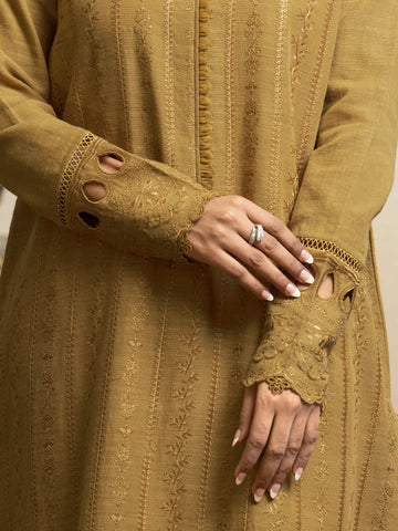 EDENROBE-30302-Unstitched Dark Mustard Embroidered Khaddar 3 Piece