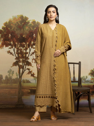 EDENROBE-30302-Unstitched Dark Mustard Embroidered Khaddar 3 Piece