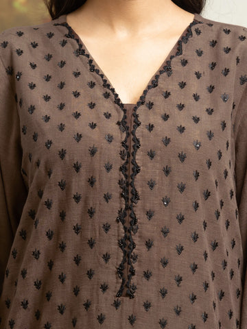 EDENROBE-30306-Unstitched Dark Coffee Embroidered Khaddar 3 Piece