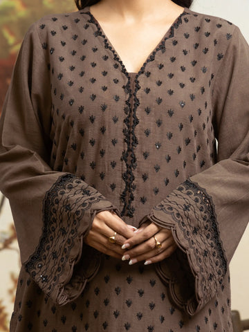 EDENROBE-30306-Unstitched Dark Coffee Embroidered Khaddar 3 Piece