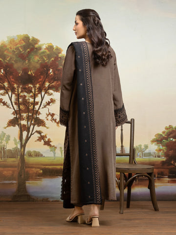 EDENROBE-30306-Unstitched Dark Coffee Embroidered Khaddar 3 Piece