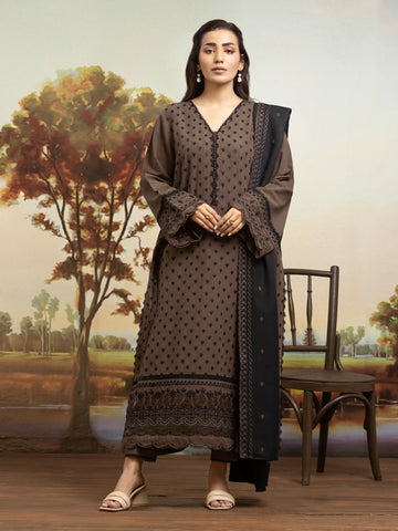 EDENROBE-30306-Unstitched Dark Coffee Embroidered Khaddar 3 Piece