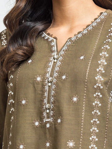 EDENROBE-30312-Unstitched Mehndi Embroidered Khaddar 3 Piece