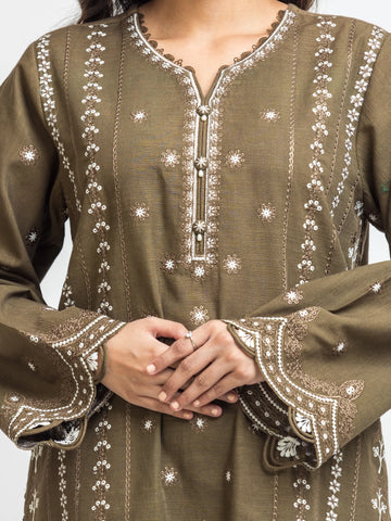 EDENROBE-30312-Unstitched Mehndi Embroidered Khaddar 3 Piece