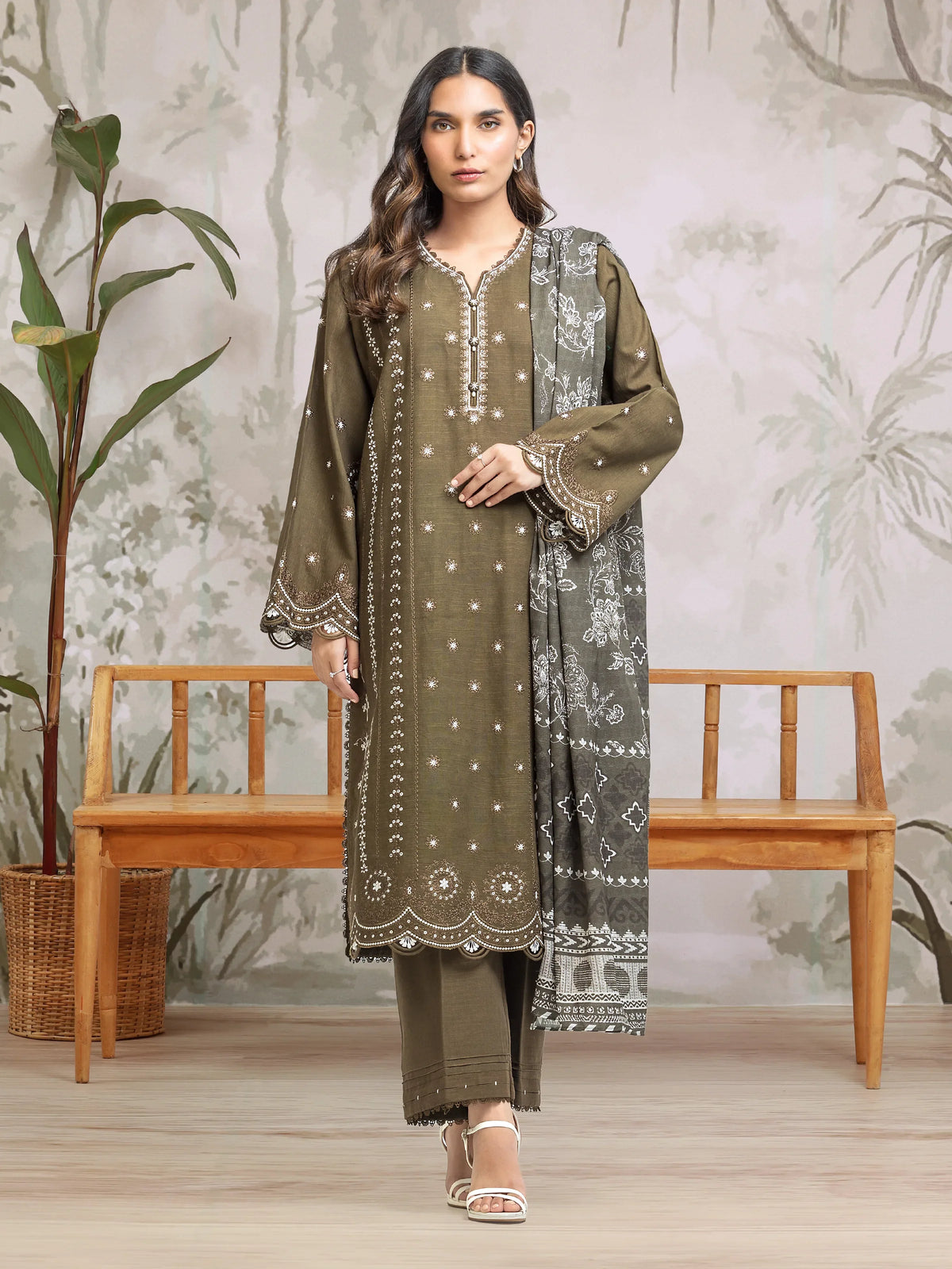 EDENROBE-30312-Unstitched Mehndi Embroidered Khaddar 3 Piece