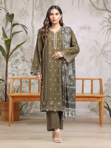 EDENROBE-30312-Unstitched Mehndi Embroidered Khaddar 3 Piece