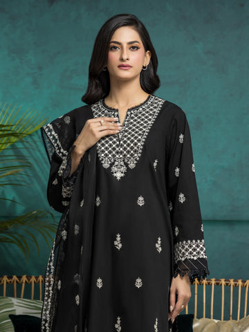 EDENROBE-31025-Unstitched Black Embroidered Cambric 3 Piece
