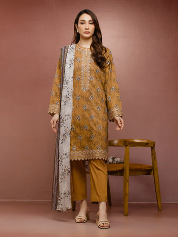 EDENROBE-31050-Unstitched Mustard Brown Embroidered Cambric 3 Piece