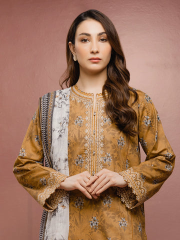 EDENROBE-31050-Unstitched Mustard Brown Embroidered Cambric 3 Piece