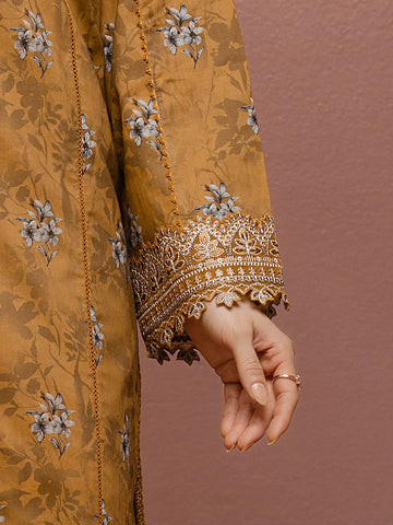 EDENROBE-31050-Unstitched Mustard Brown Embroidered Cambric 3 Piece