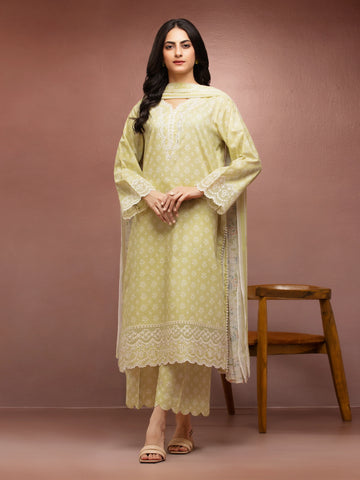 EDENROBE-31060-Unstitched Light Lemon Embroidered Lawn 3 Piece