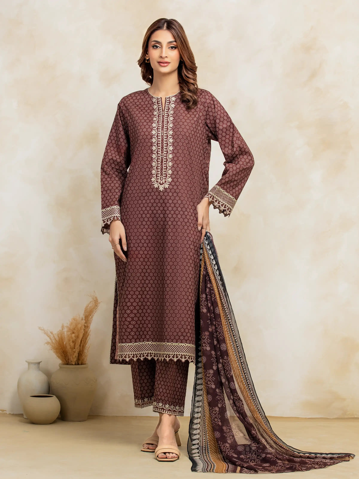EDENROBE-31087-Unstitched Brown Embroidered Lawn 3 Piece