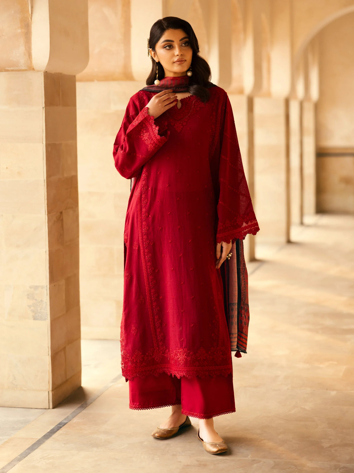 EDENROBE-31240-Unstitched Dark Maroon Embroidered Lawn 3 Piece