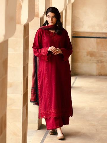 EDENROBE-31240-Unstitched Dark Maroon Embroidered Lawn 3 Piece