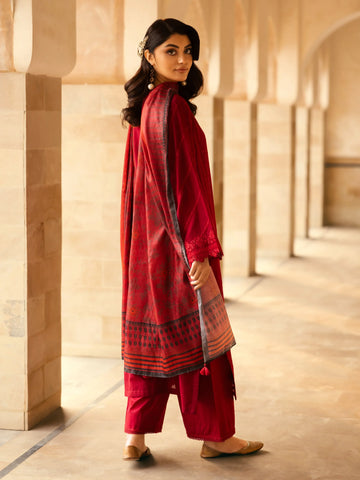 EDENROBE-31240-Unstitched Dark Maroon Embroidered Lawn 3 Piece