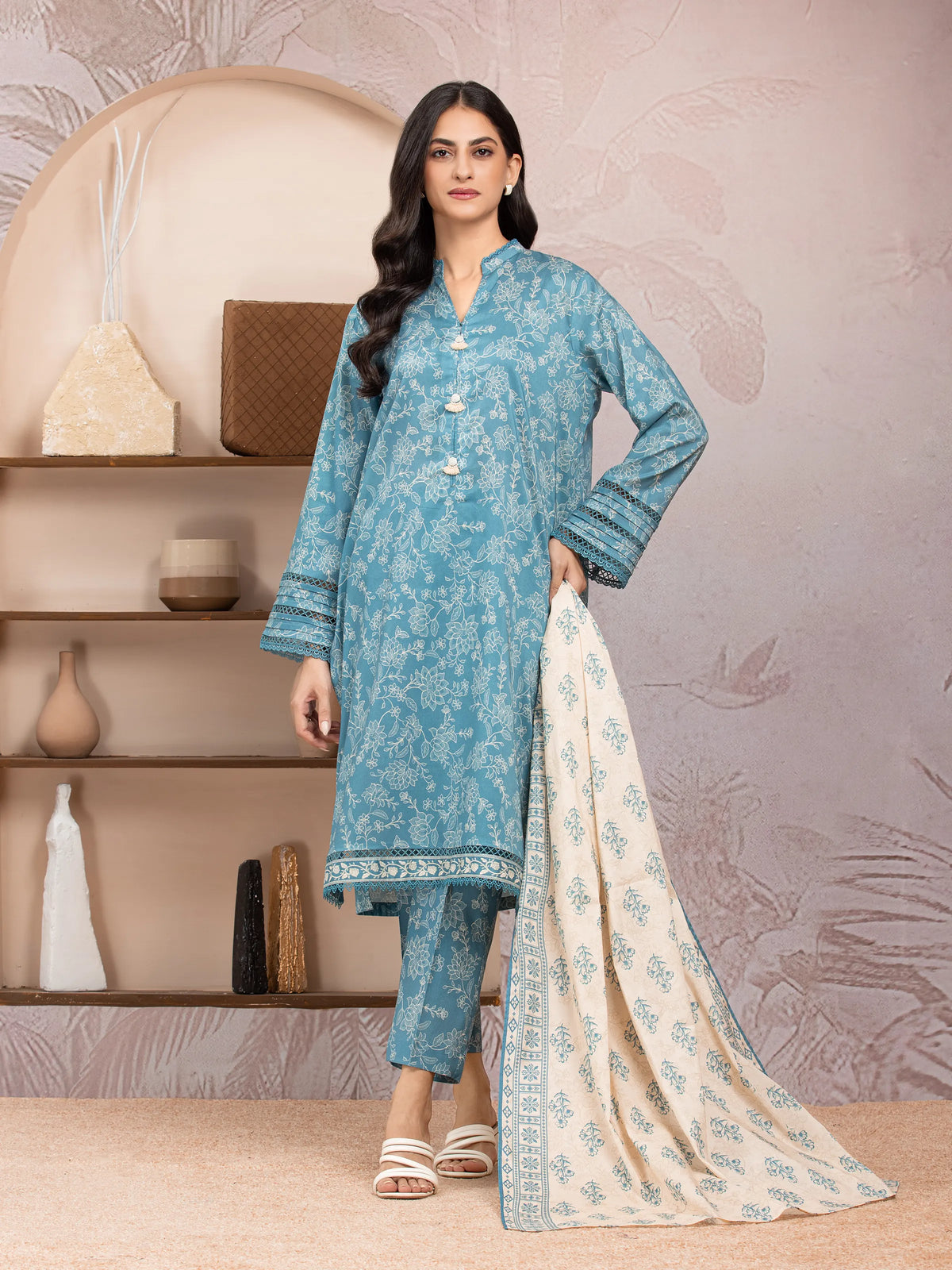 EDENROBE-35000-Unstitched Dark Turquoise Printed Lawn 3 Piece