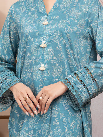 EDENROBE-35000-Unstitched Dark Turquoise Printed Lawn 3 Piece