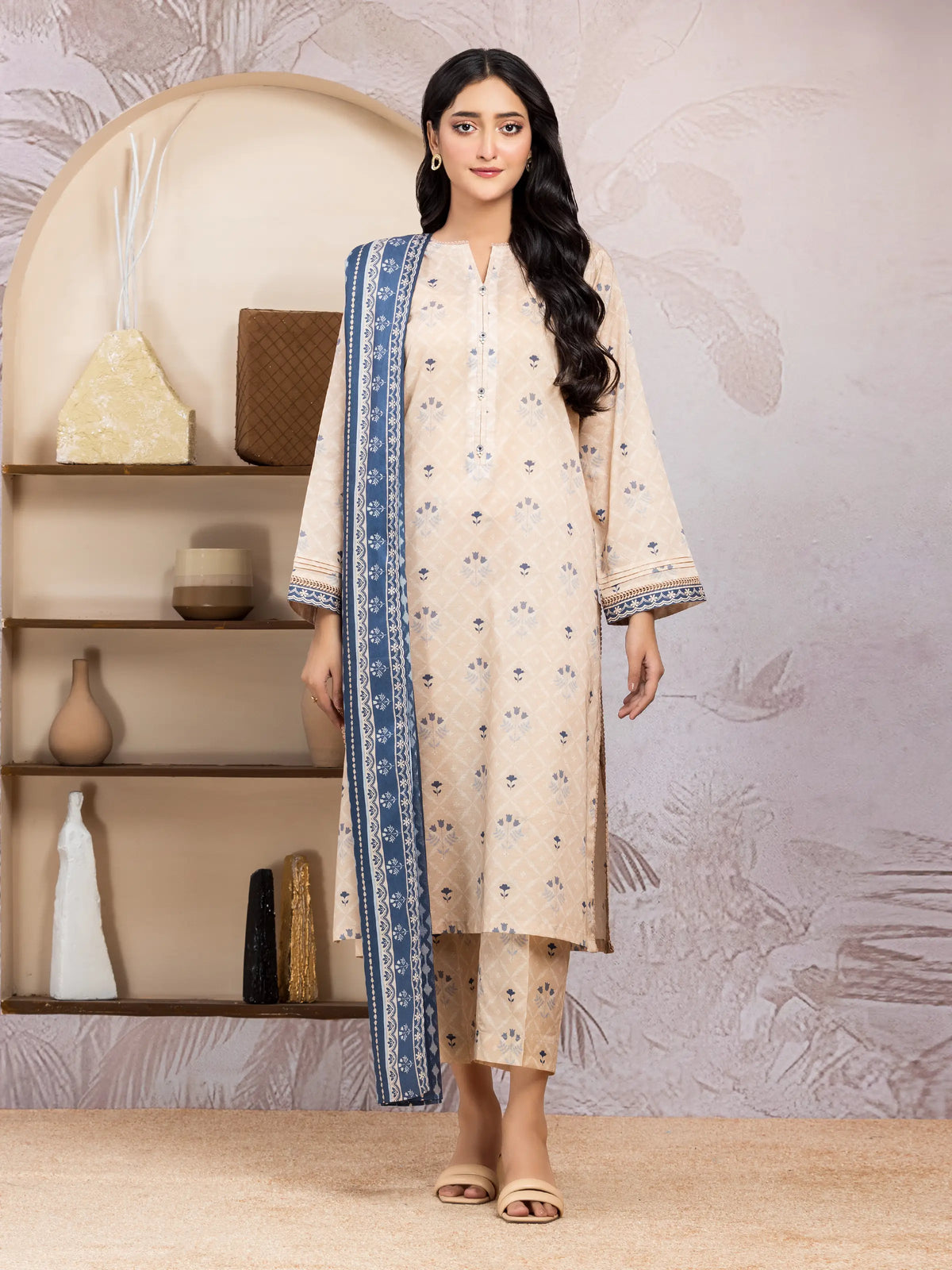 EDENROBE-35002-Unstitched Light Peach Printed Lawn 3 Piece