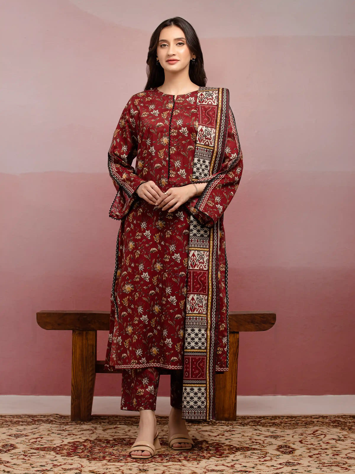 EDENROBE-35004-Unstitched Maroon Printed Lawn 3 Piece
