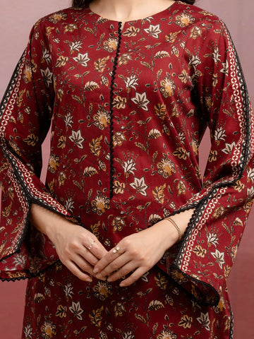 EDENROBE-35004-Unstitched Maroon Printed Lawn 3 Piece