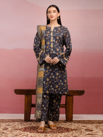 EDENROBE-35005-Unstitched Navy Blue Printed Lawn 3 Piece