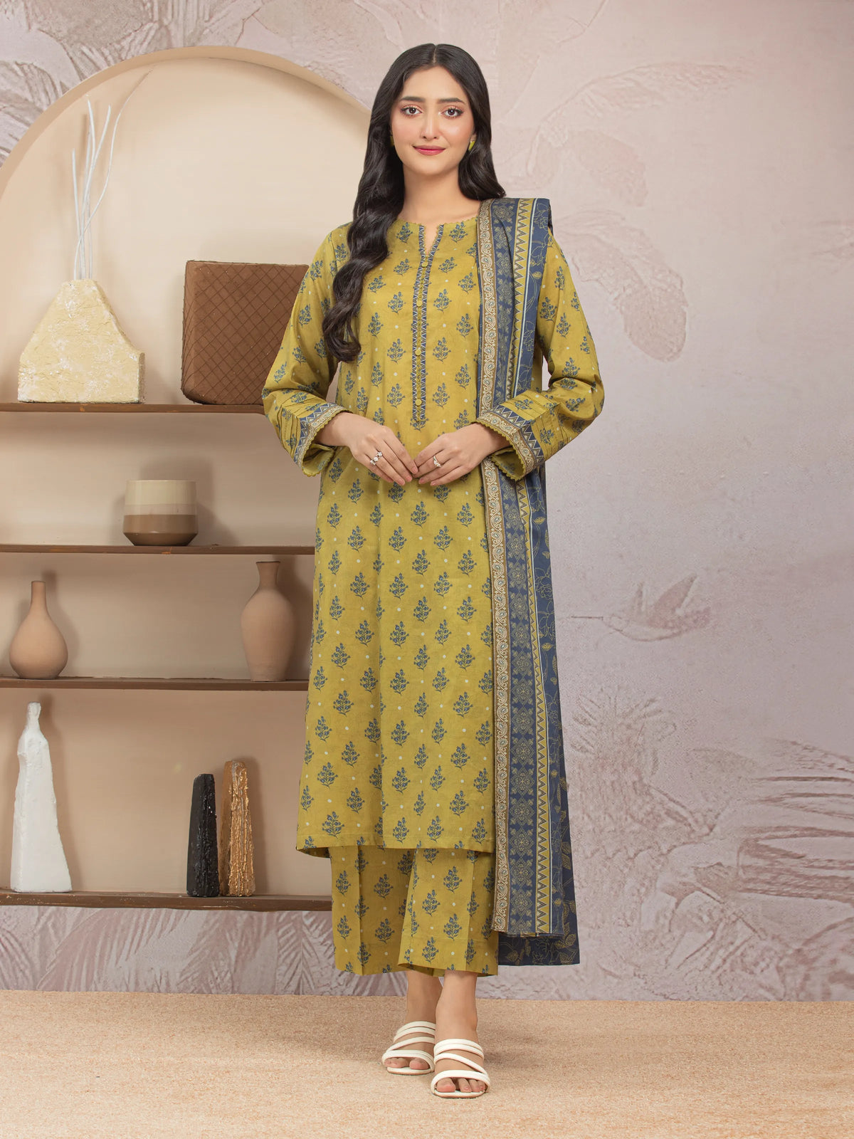 EDENROBE-35007-Unstitched Light Mehndi Printed Lawn 3 Piece -