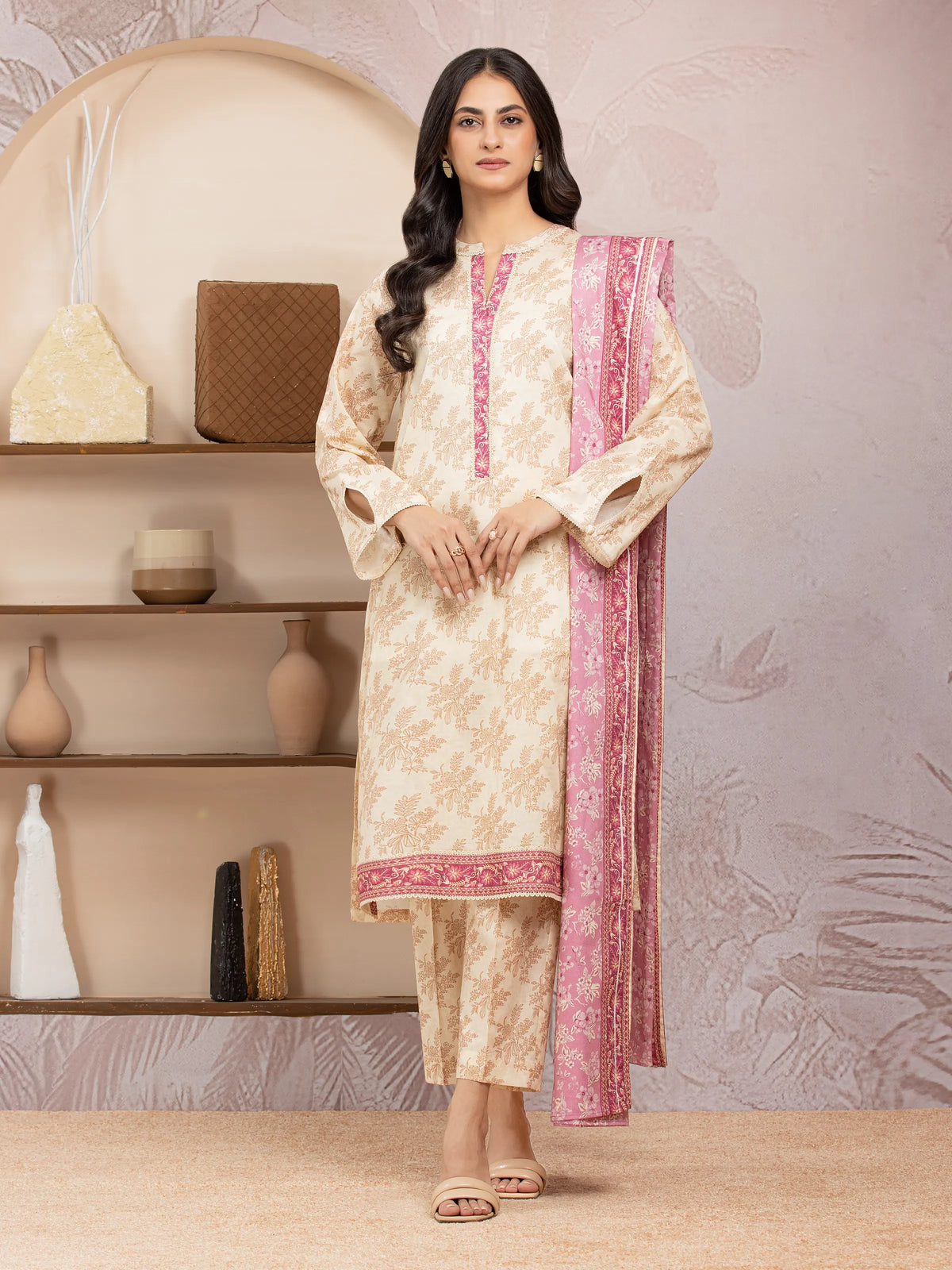 EDENROBE-35025-Unstitched Beige Printed Lawn 3 Piece