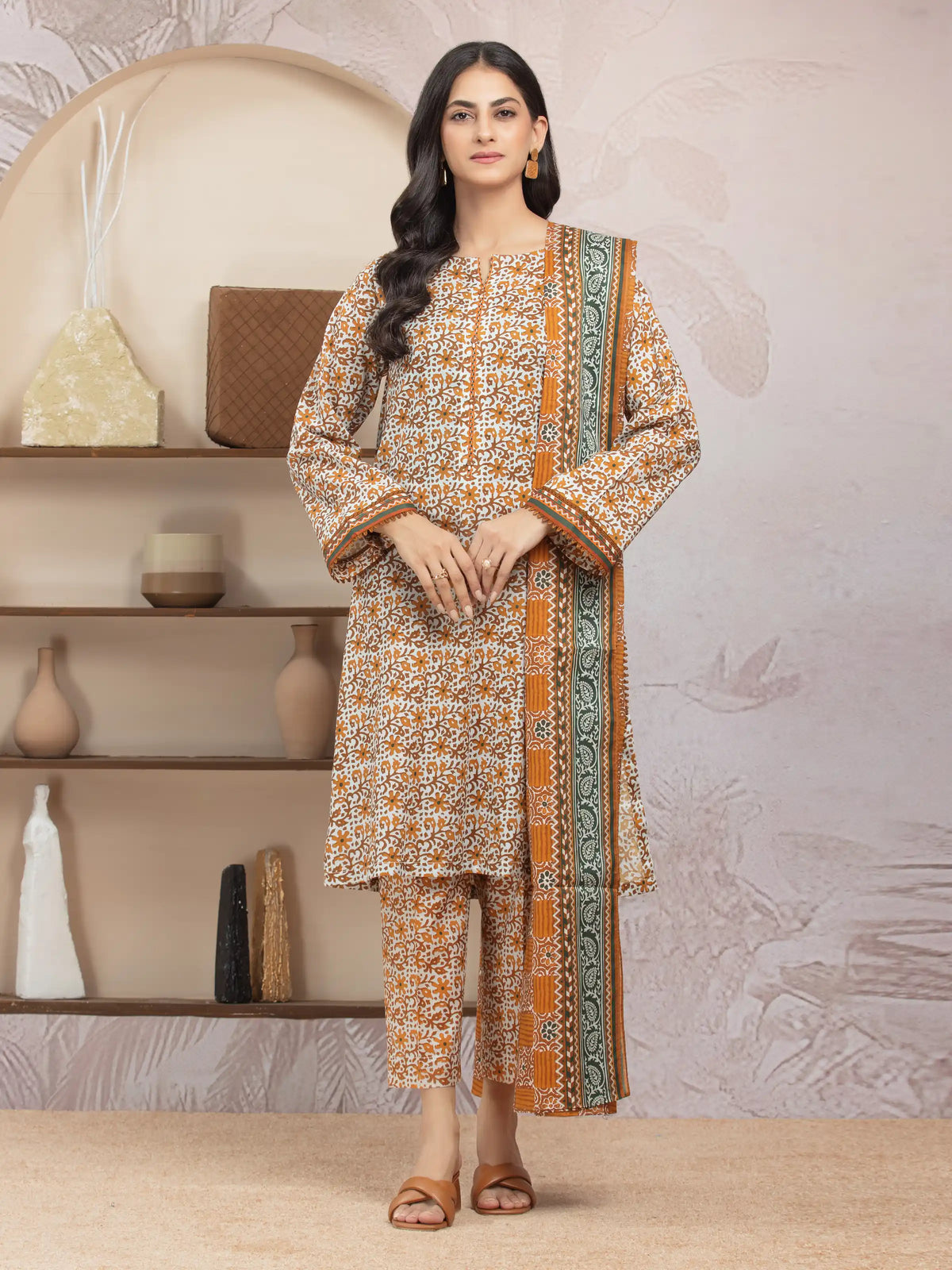 EDENROBE-35027-Unstitched White & Brown Printed Lawn 3 Piece