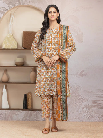 EDENROBE-35027-Unstitched White & Brown Printed Lawn 3 Piece