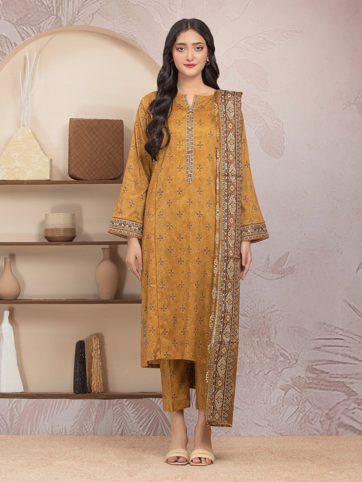 EDENROBE-35028-Unstitched Brown Printed Lawn 3 Piece