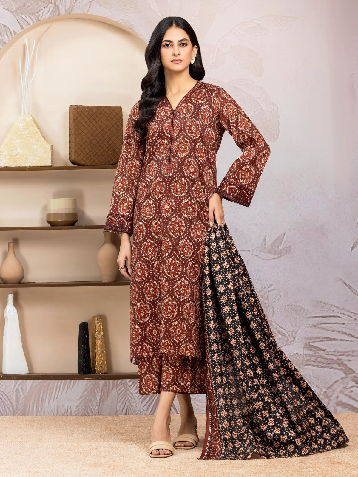 EDENROBE-35034-Unstitched Chocolate Brown Printed Lawn 3 Piece