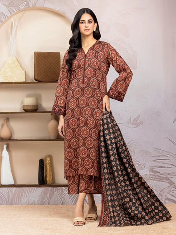 EDENROBE-35034-Unstitched Chocolate Brown Printed Lawn 3 Piece